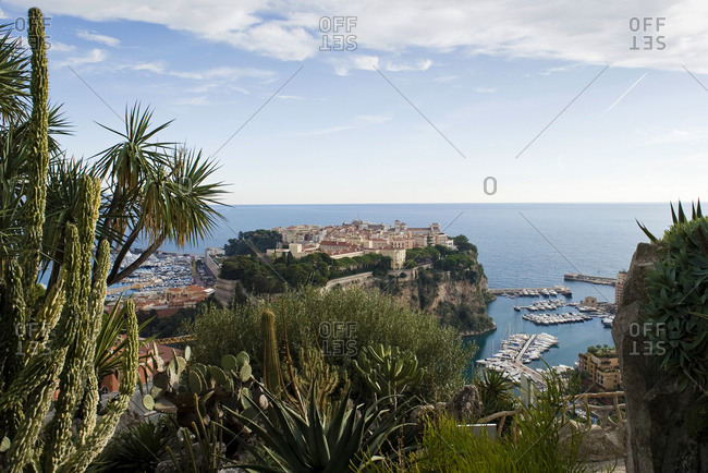 Panoramic view of Monaco Rocher with Grimaldi Palace from an exotic garden, Monaco