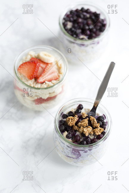 Overnight oatmeal with assorted toppings.