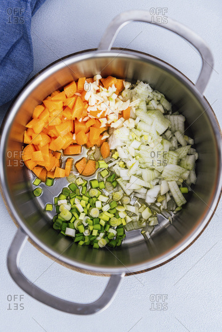Sauteed onions, carrots, green onions and garlic in a pan