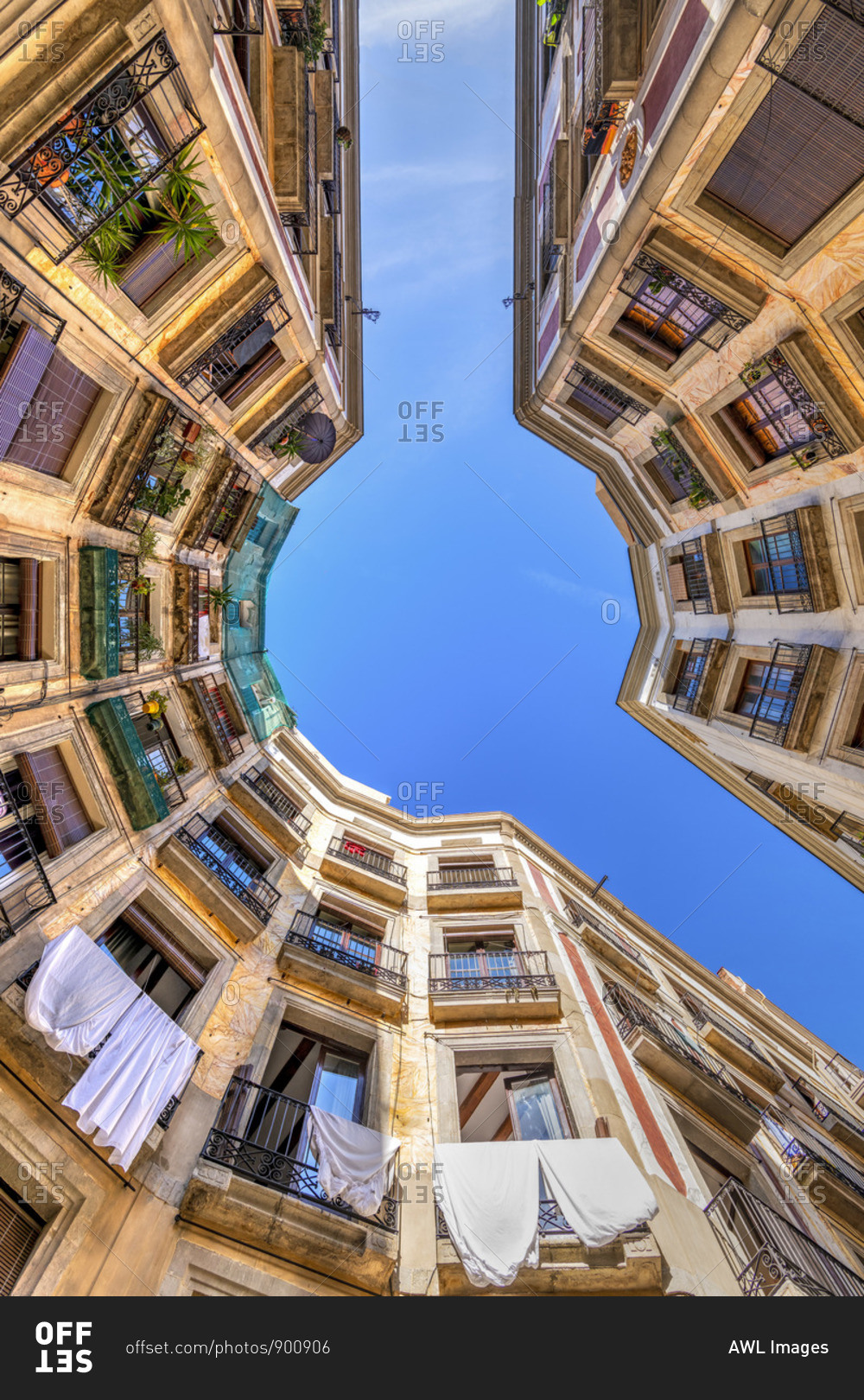 Low angle view of buildings in the Gothic Quarter or Barrio Gotico, Barcelona, Catalonia, Spain