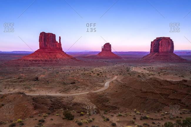 Scenic view of The Mitten buttes at sunset, Monument Valley, Arizona, USA
