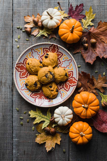 Pumpkin chocolate chip cookies on a plate with fall decor from above.