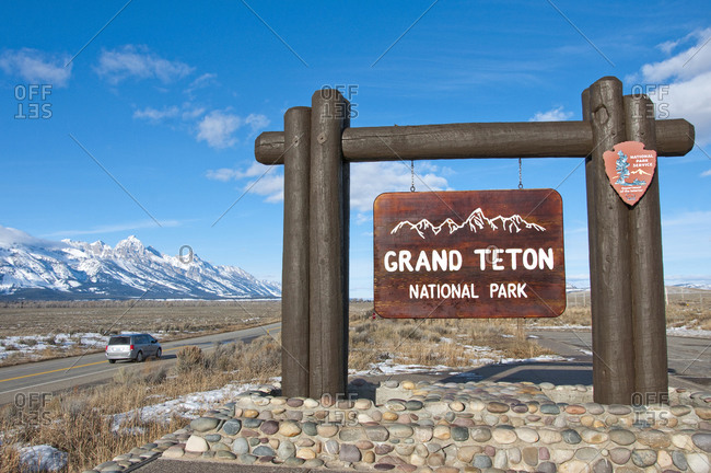 United States, Wyoming, Moose - December 7, 2014: Southern entrance to Grand Teton National Park