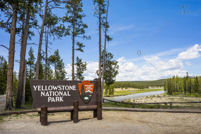 United States, Wyoming, Yellowstone National Park - June 5, 2016: Sign for Yellowstone National Park at the south entrance, Wyoming