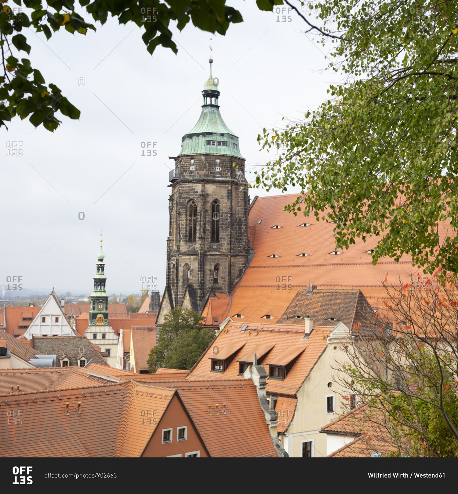 Germany- Saxony- Pirna- Marienkirche tower surrounded by tiled roofs
