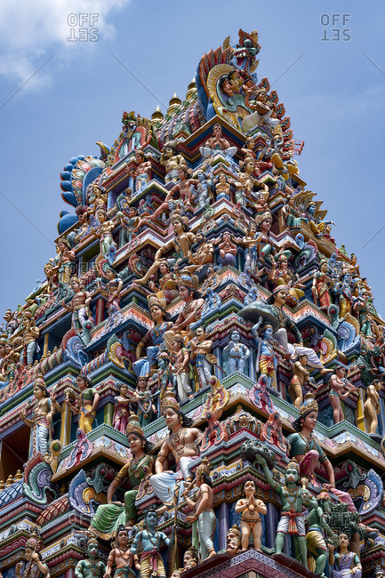 August 24, 2019: The highly decorative Gopuram (entrance tower) to Sri Srinivasa Perumal Hindu Temple in Little India, Singapore, Southeast Asia, Asia