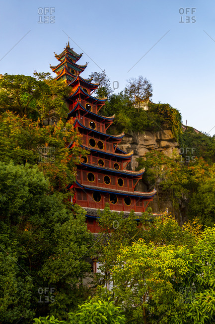 View of Shi Baozhai Pagoda on Yangtze River near Wanzhou, Chongqing, People\'s Republic of China, Asia