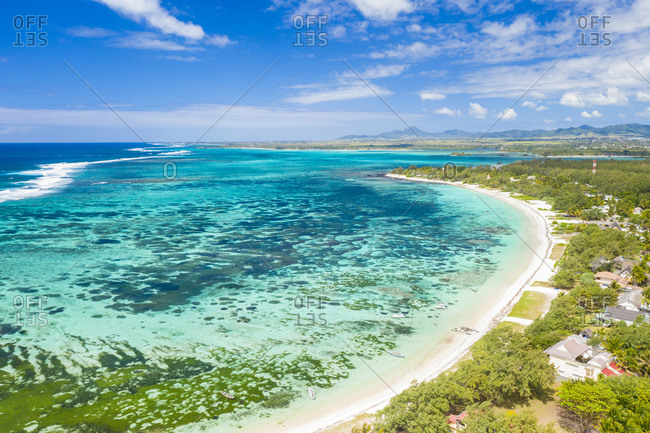 Public Beach by the turquoise Indian Ocean, aerial view, Poste Lafayette, East coast, Mauritius, Indian Ocean, Africa