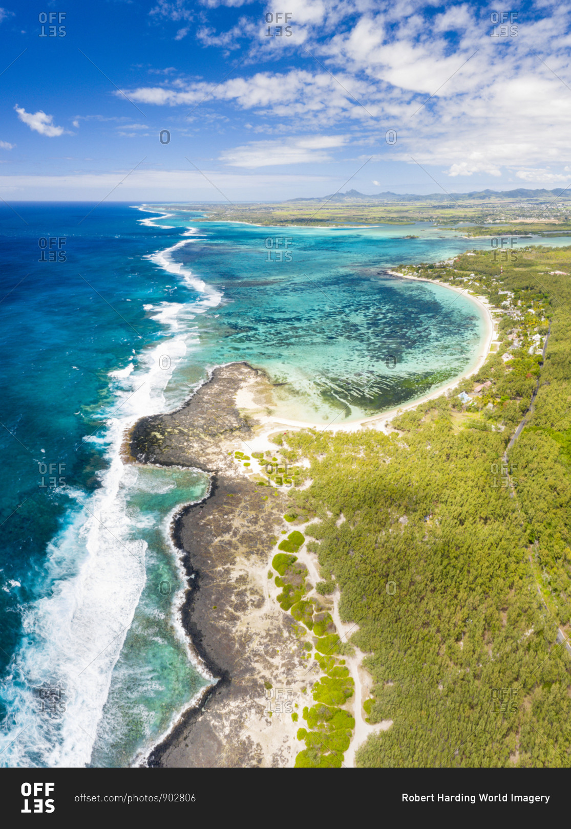 Aerial panoramic of tropical Public Beach washed by the ocean waves, Poste Lafayette, East coast, Mauritius, Indian Ocean, Africa