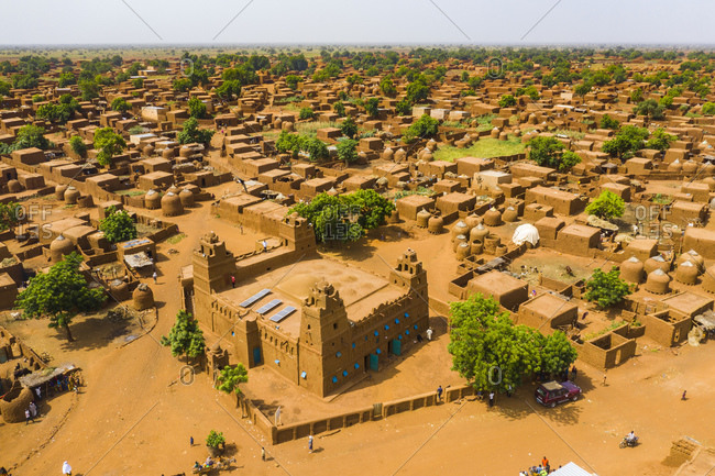 Aerial by drone of the central Mosque in the Hausa village of Yaama, Niger, West Africa, Africa
