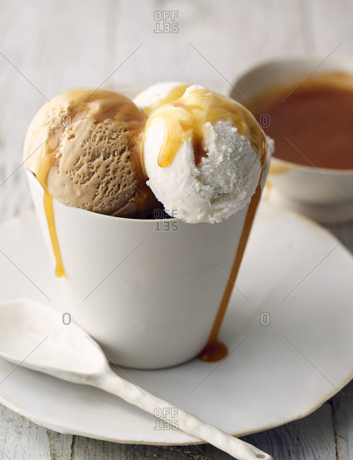 Ice cream scoops topped with caramel