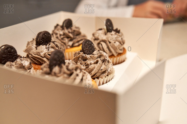 Stock photo of a white box with six cupcakes of chocolate cream inside