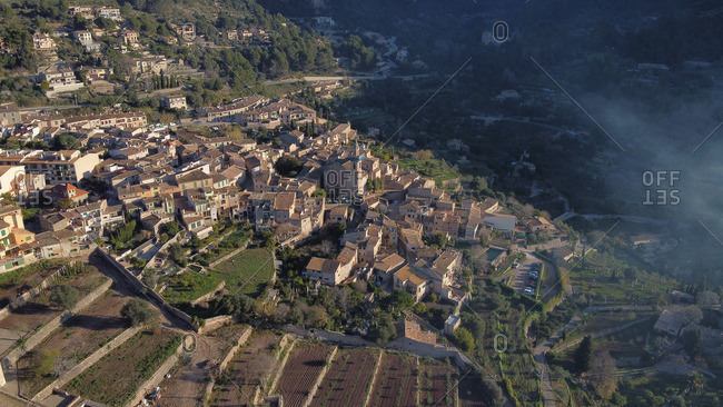 Top drone view of drone image of Valdemossa rural medieval village in Majorca, Spain