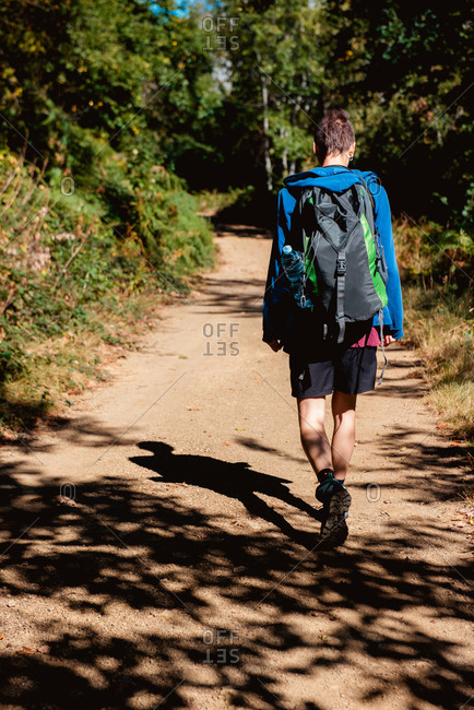 Back view of anonymous pensive youthful short haired female tourist with backpack having journey and walking on rural road through forest in summer