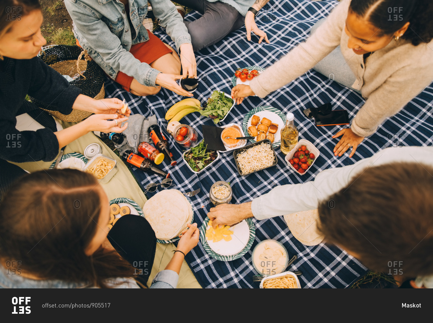 High angle view of friends enjoying food on picnic blanket