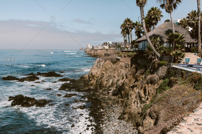 Ensenada, Baja California, Mexico - August 17, 2019: Mexican coastline with beach hut