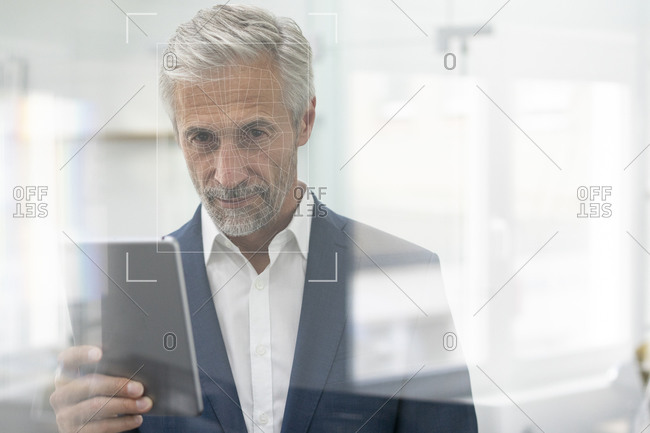 Portrait of businessman with grid over his face
