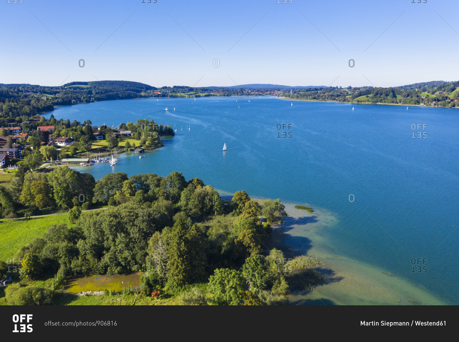 Germany- Bavaria- Bad Wiessee- Aerial view of Tegernsee lake and lakeshore town in summer