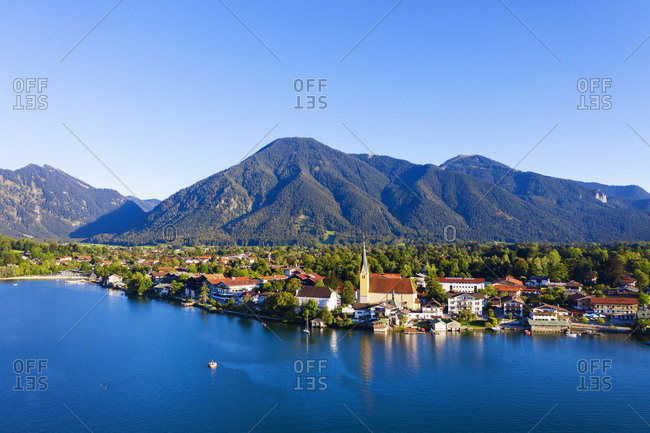 Germany- Bavaria- Rottach-Egern- Aerial view of clear sky over lakeshore town
