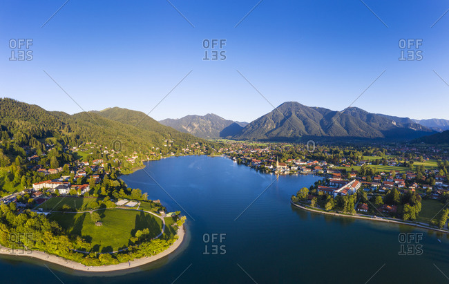 Germany- Bavaria- Rottach-Egern- Aerial view of clear sky over lakeshore town