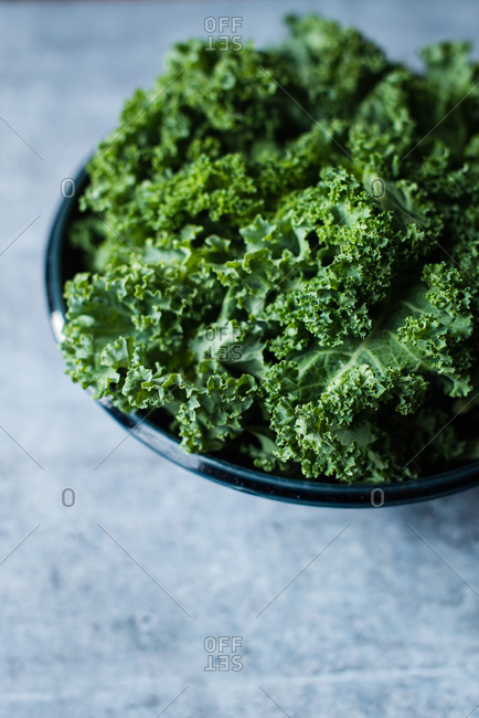 Close up view of a bowl of kale leaves against a cement counter.