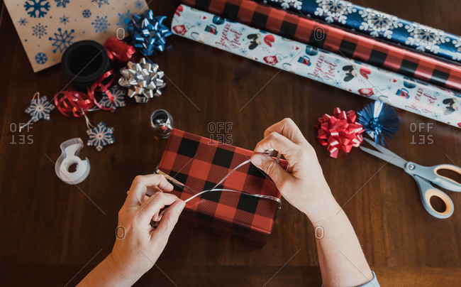 christmas present with wrapping paper scissors, Stock image
