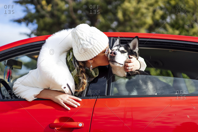Woman kisses her Siberian husky in the car