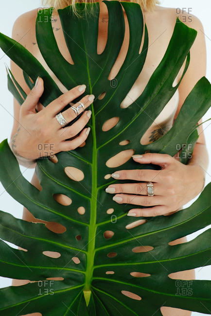 Young naked woman covering her body palm leaf on white background
