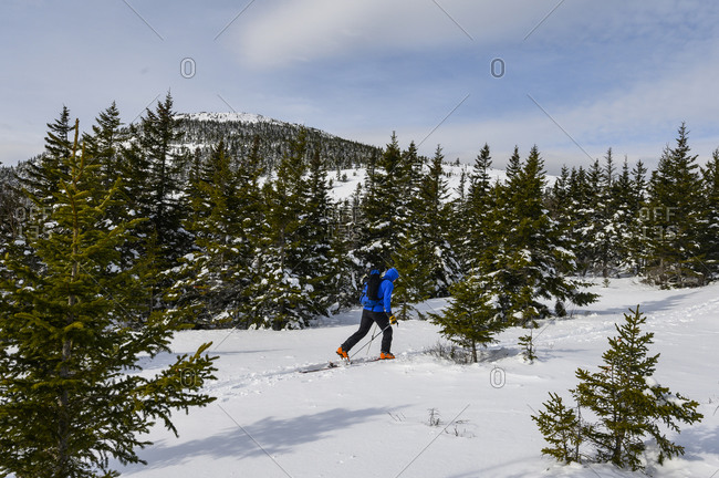 A lone skier heading uphill in the White Mountains of New Hampshire.