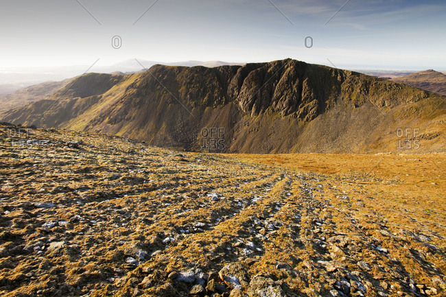 Stone stripes on Coniston Old Man in the Lake district, UK. These patterned ground features are caused by freeze thaw cycles which heaves the larger stones into lines down slope.