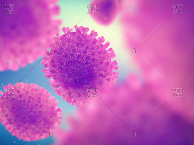 Illustration of coronavirus particles close up
