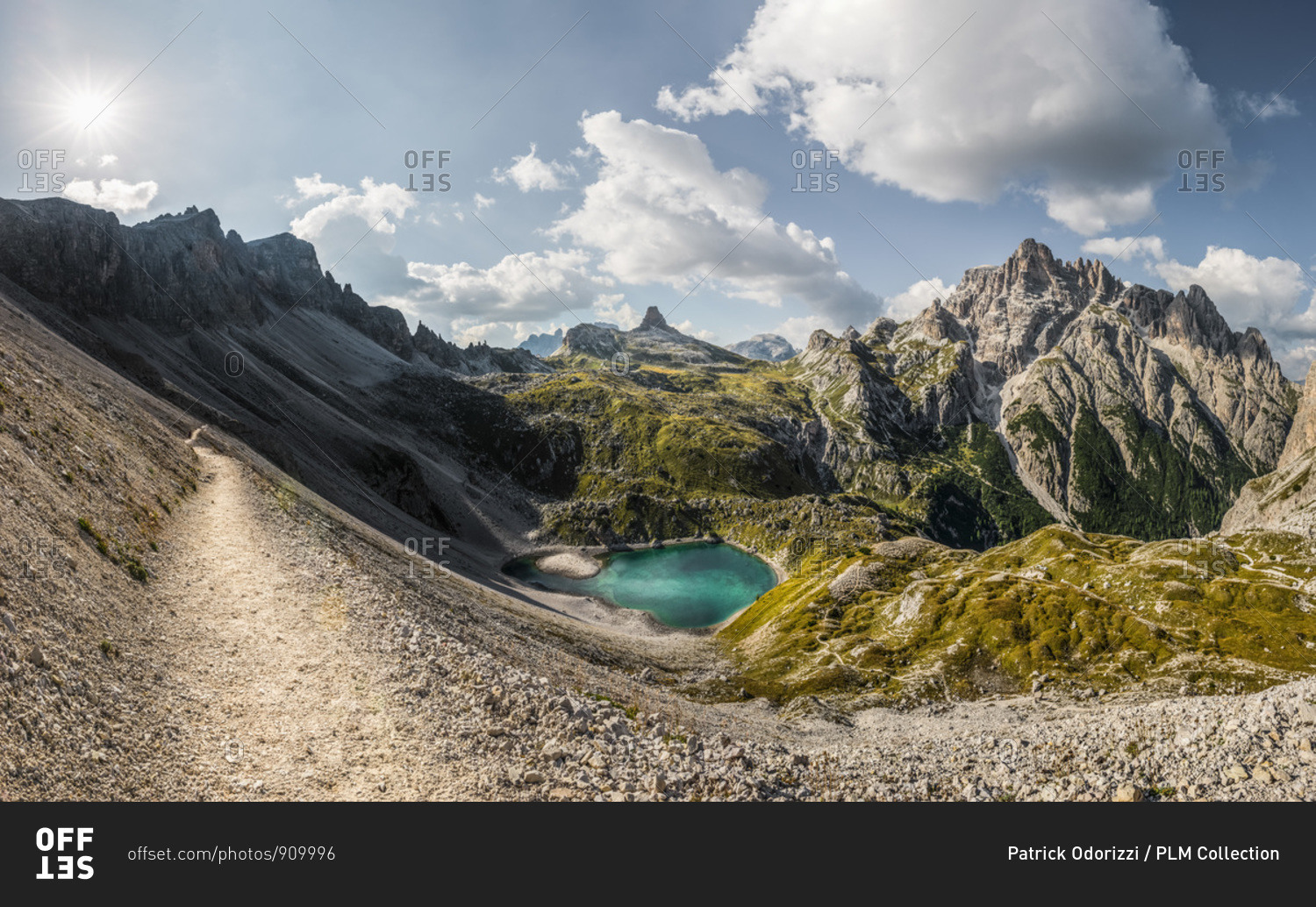 The Piani lakes with Mount Paterno on the left, the Toblin tower in the center and the Crodoni di San Candido on the right, Tre Cime natural park, dolomites, South Tyrol, Italy, Europe