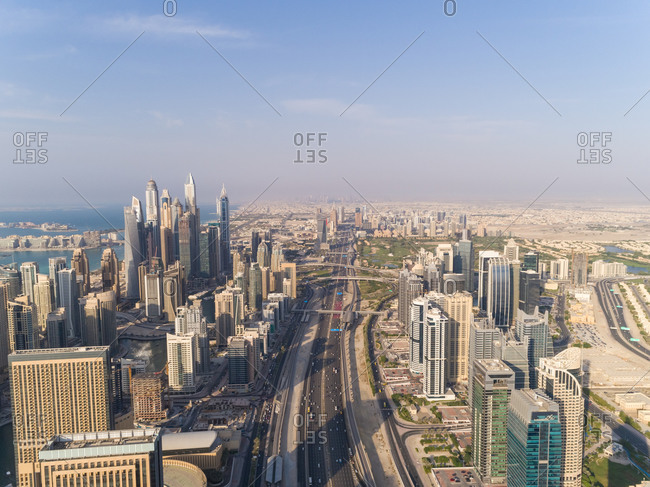 Aerial view of buildings in Dubai Marina, Dubai, United Arab Emirates