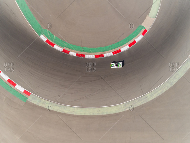 Aerial view of a car on a track, Motor City, Dubai, United Arab Emirates