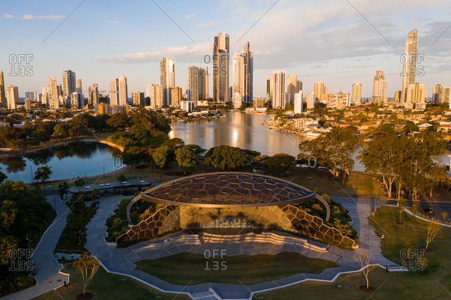 August 27, 2019: Aerial view of the city with a river, Surfers Paradise, Queensland, Australia