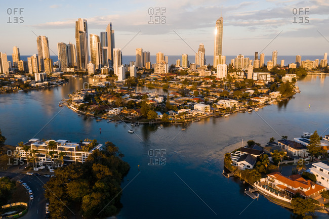 August 27, 2019: Aerial view of the city with a river, Surfers Paradise, Queensland, Australia