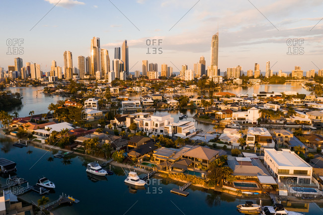 August 27, 2019: Aerial view of the city with a river, Surfers Paradise, Queensland, Australia