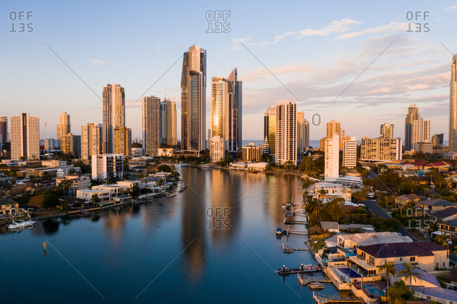 August 27, 2019: Aerial view of the city with a river, Surfers Paradise, Queensland, Australia