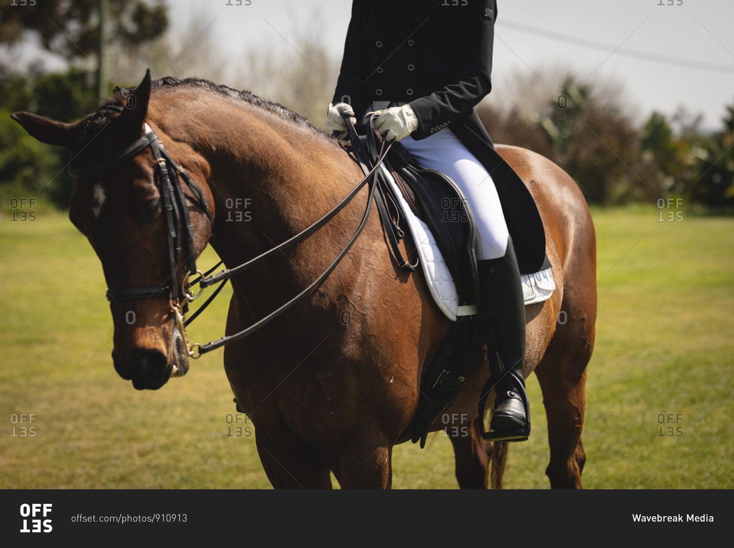 Caucasian woman sitting on her dressage horse