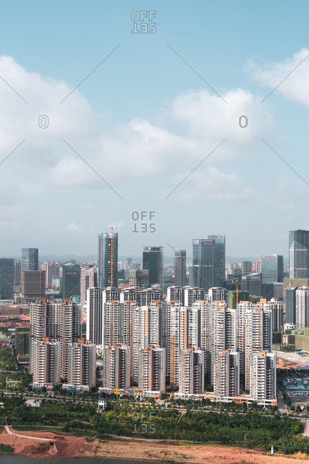 June 26, 2018: June 26, 2018: Highrise skyscrapers on blue sky