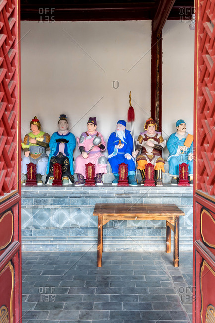Jianshui, China - March 7, 2019: March 7, 2019: Statues in a Confucian Temple (Wenmiao) in Jianshui, Yunnan, China