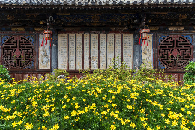 Jianshui, China - March 7, 2019: March 7, 2019: Some plants in front of a historical building in Jianshui, Yunnan, China