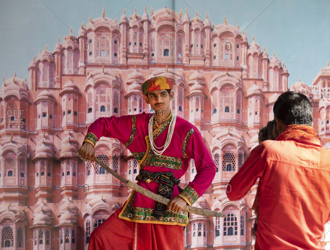 Jaipur, India - January 3, 2020: Indian male tourist male dressed in Rajasthani clothing