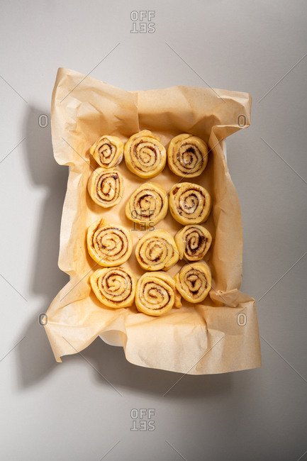 Cinnamon buns in baking dish ready to bake