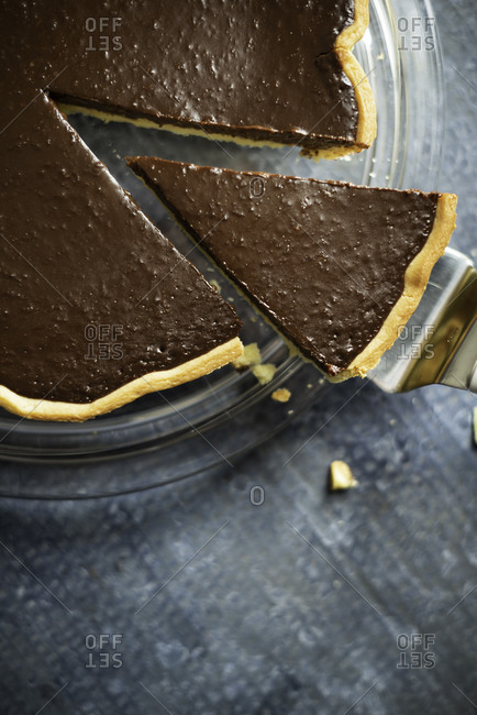 Close up of a slice of a chocolate tart