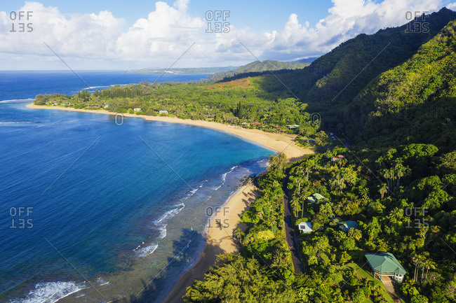 Aerial view by drone of Tunnels Beach, Haena State Park, Kauai Island, Hawaii, United States of America, North America