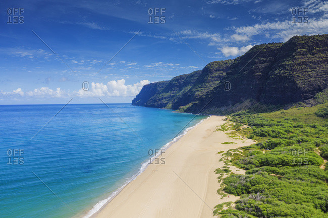 Aerial by drone of Polihale State Park beach, Kauai Island, Hawaii, United States of America, North America