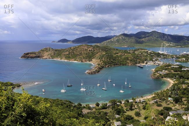 Galleon Beach, Freemans Bay, Nelsons Dockyard and English Harbour, Falmouth Harbour, from Shirley Heights, Antigua, Antigua and Barbuda, Leeward Islands, West Indies, Caribbean, Central America