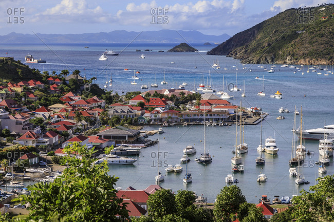 Elevated view over pretty red rooftops of town and sea, Gustavia, St. Barthelemy (St. Barts) (St. Barth), West Indies, Caribbean, Central America