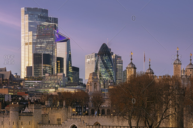 City of London skyline with The Tower of London, the Gherkin, Scalpel and Twenty Two Bishopsgate, the tallest building in the City, London, England, United Kingdom, Europe